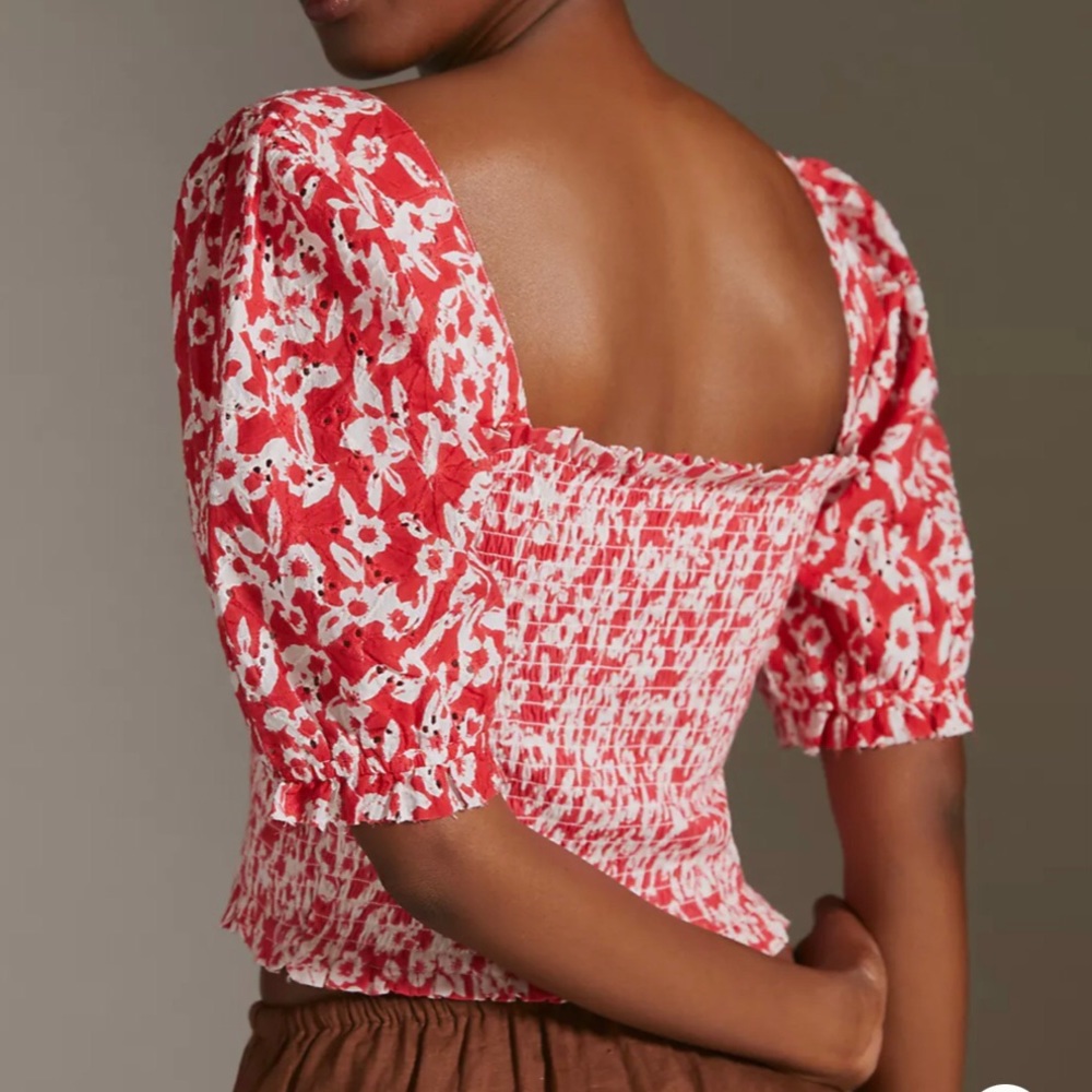 Anthropologie Red White Floral Smocked Eyelet Puffy Sleeves Medium M - Picture 2 of 4